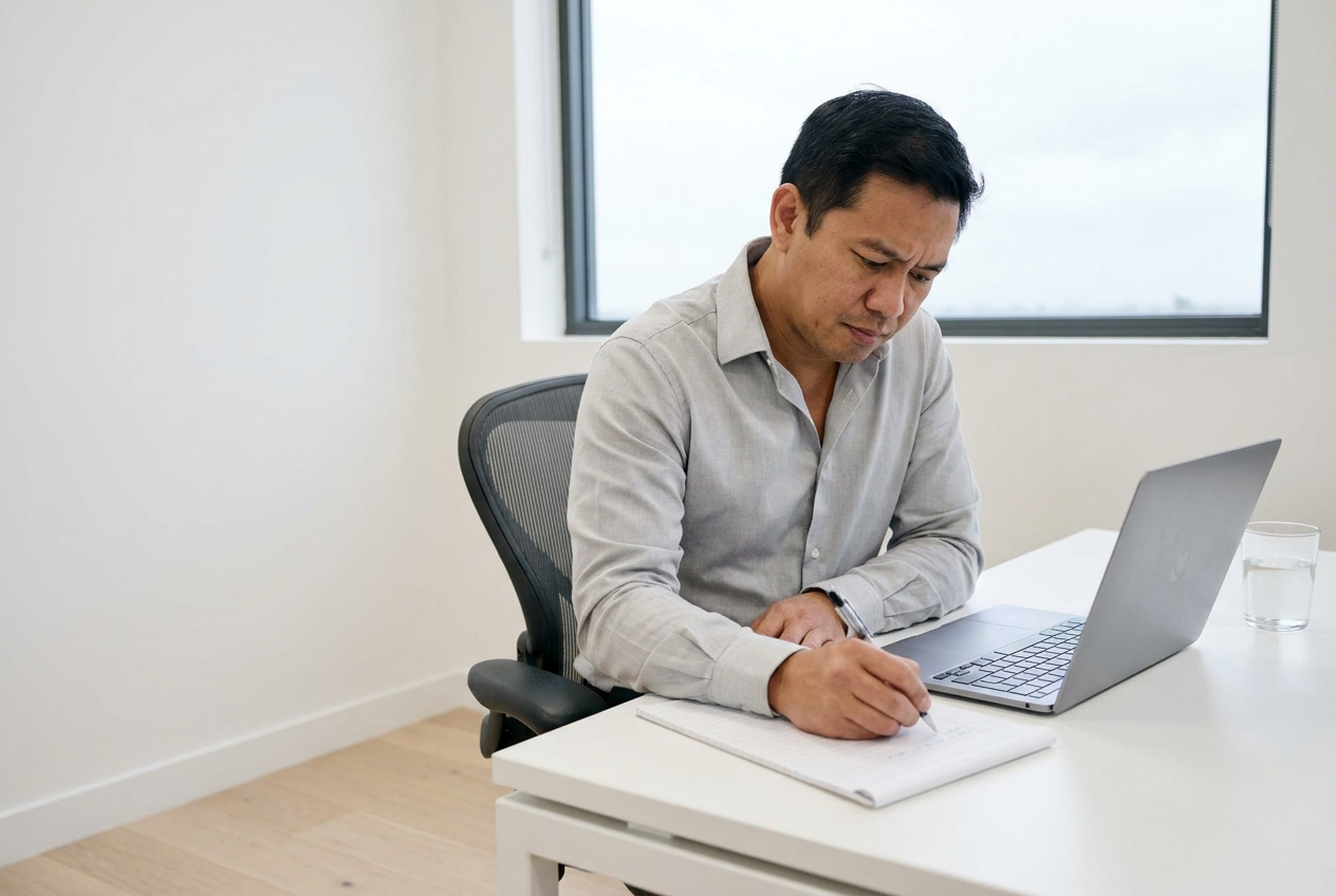 Executive assistant taking notes at a desk in a quiet private office
