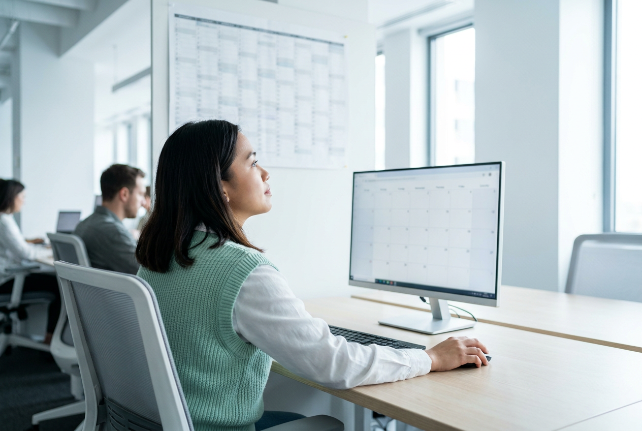 Legal assistant comparing a case calendar on screen against a paper wall planner