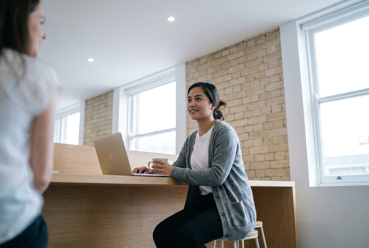 Remote bookkeeping assistant working from a laptop at an office breakout bench