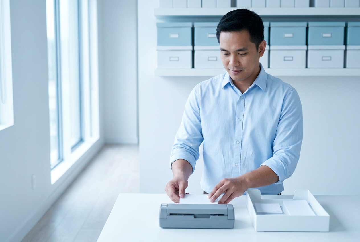 Bookkeeping virtual assistant scanning receipts beside labeled storage boxes