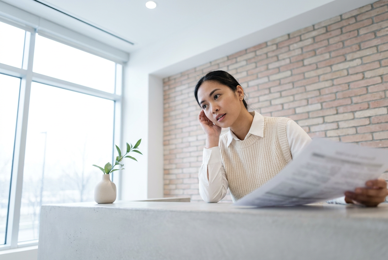 Executive assistant handing a printed brief across an office reception counter