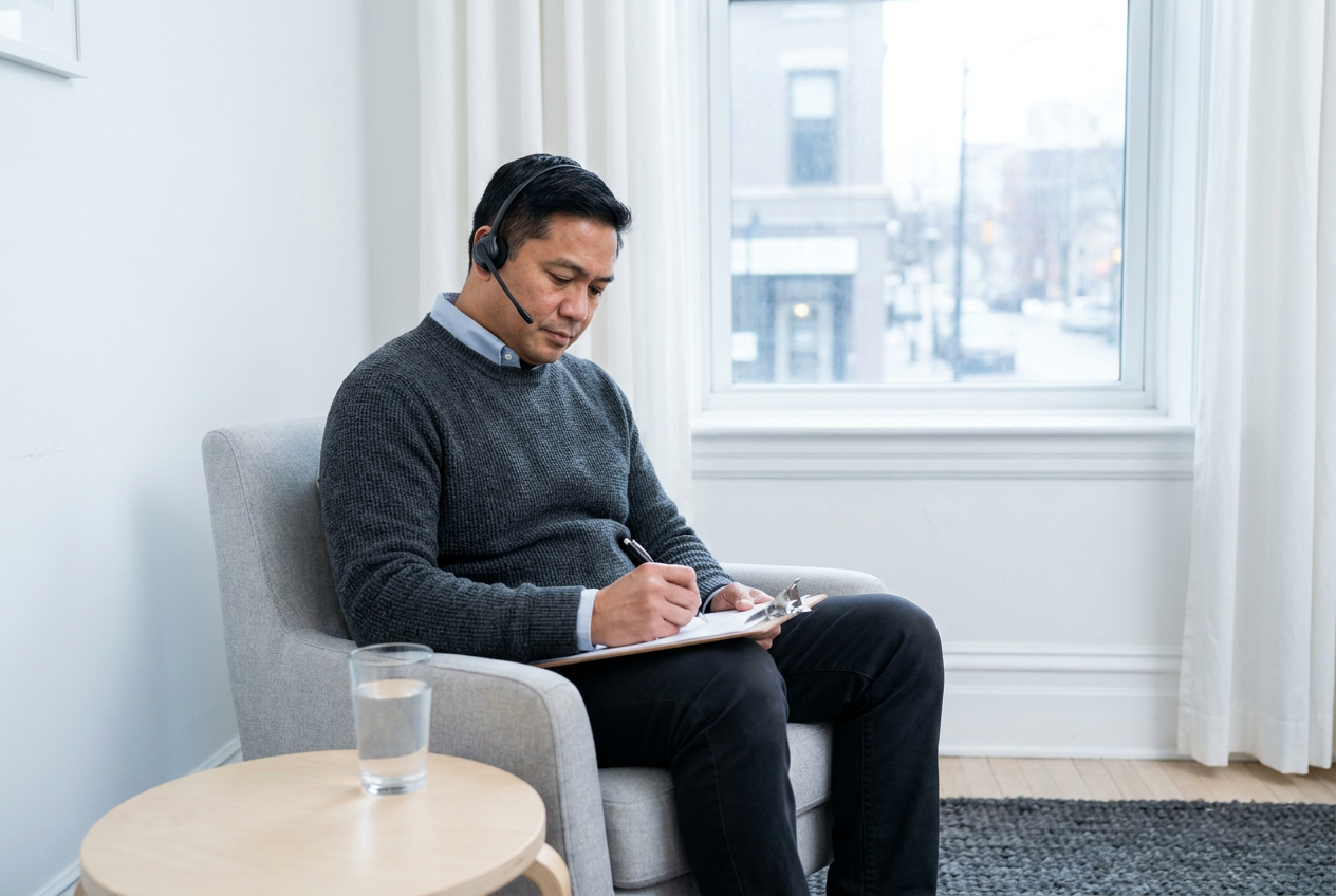Legal assistant taking notes on a headset during a client intake call
