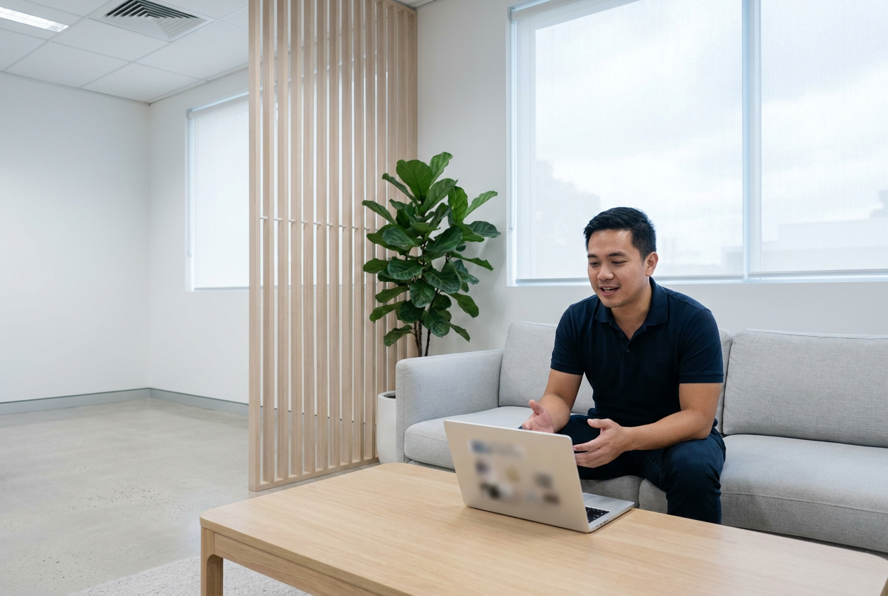 Virtual executive assistant taking a video call from a bright office lounge