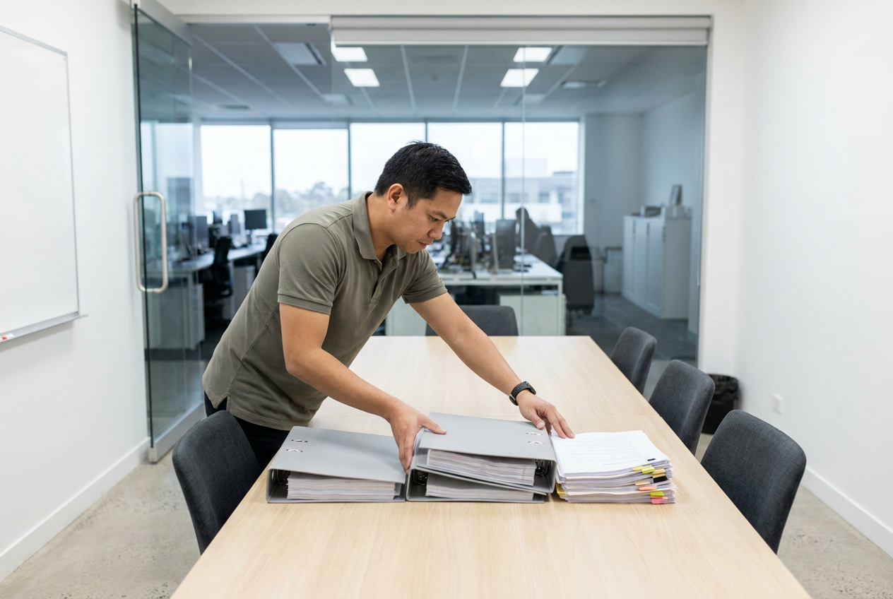 Legal virtual assistant assembling exhibit binders on a meeting room table