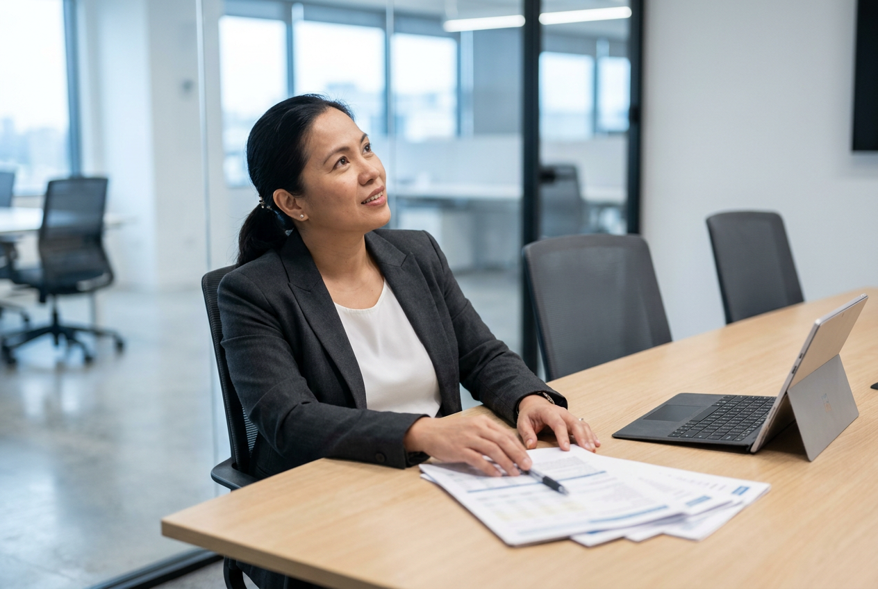 Bookkeeping assistant reviewing printed monthly reports in a glass meeting room