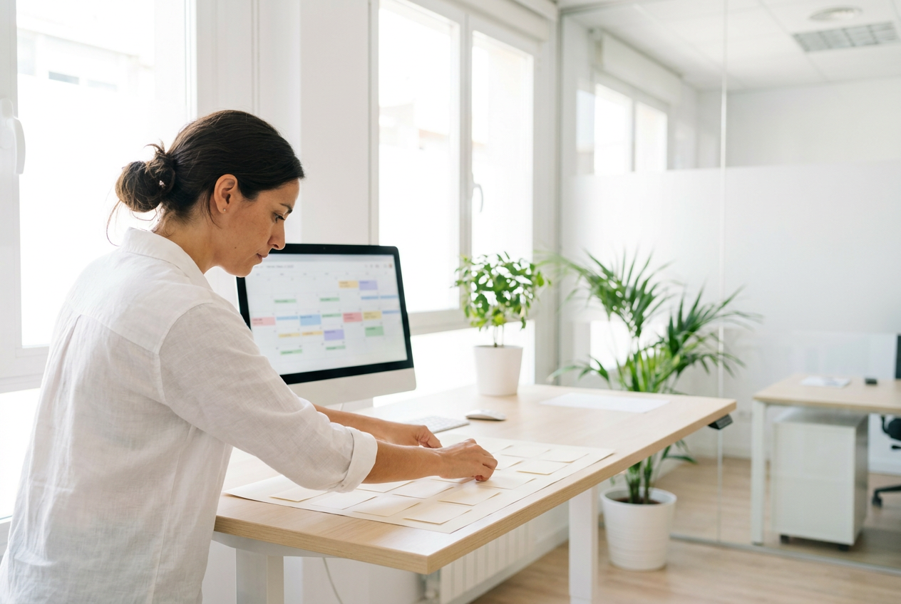 An assistant at a standing desk laying out a weekly plan beside a calendar on a monitor