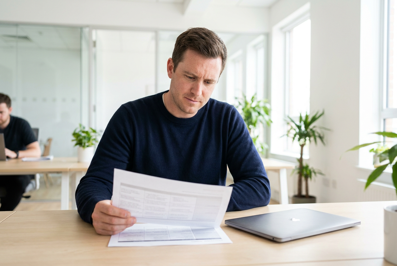 A professional in an open-plan office reviewing a printed hours chart beside a closed laptop
