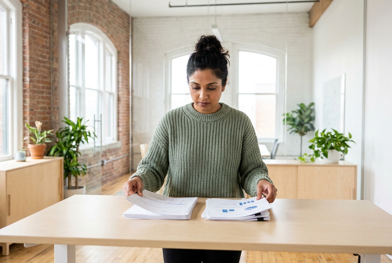 A professional at a standing desk in a loft office sorting printed cost sheets into two piles