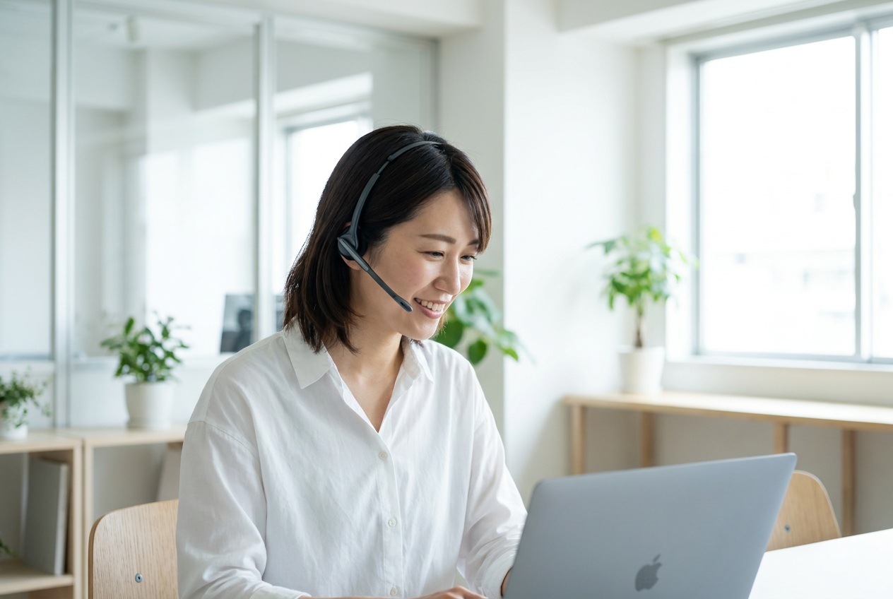 A virtual assistant wearing a headset on a video call in a bright private office