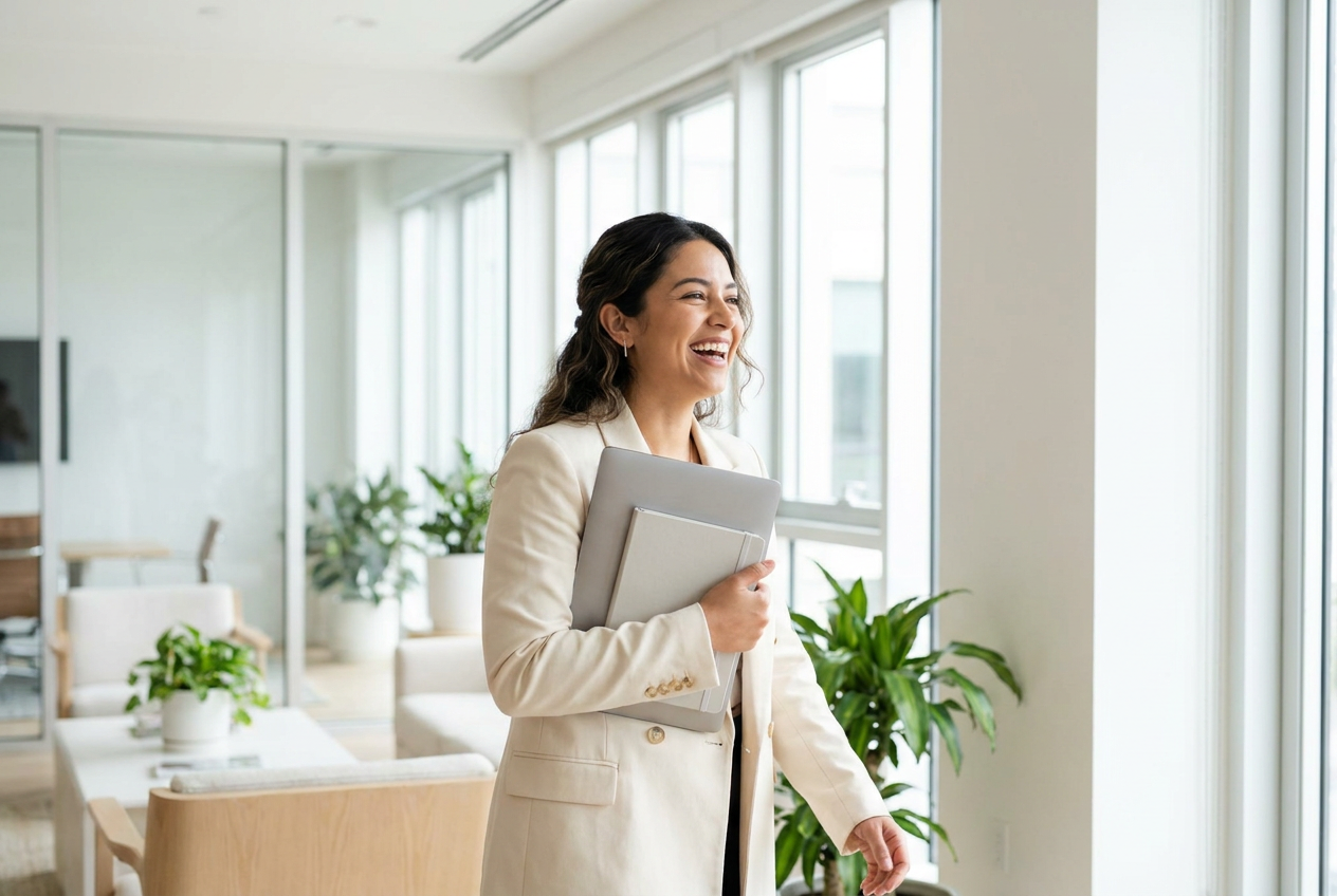 A young professional walking through a bright office lounge with a laptop and notebook