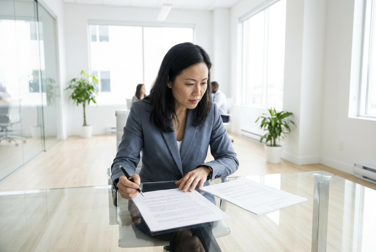 A professional in a glass meeting room comparing two printed proposals side by side