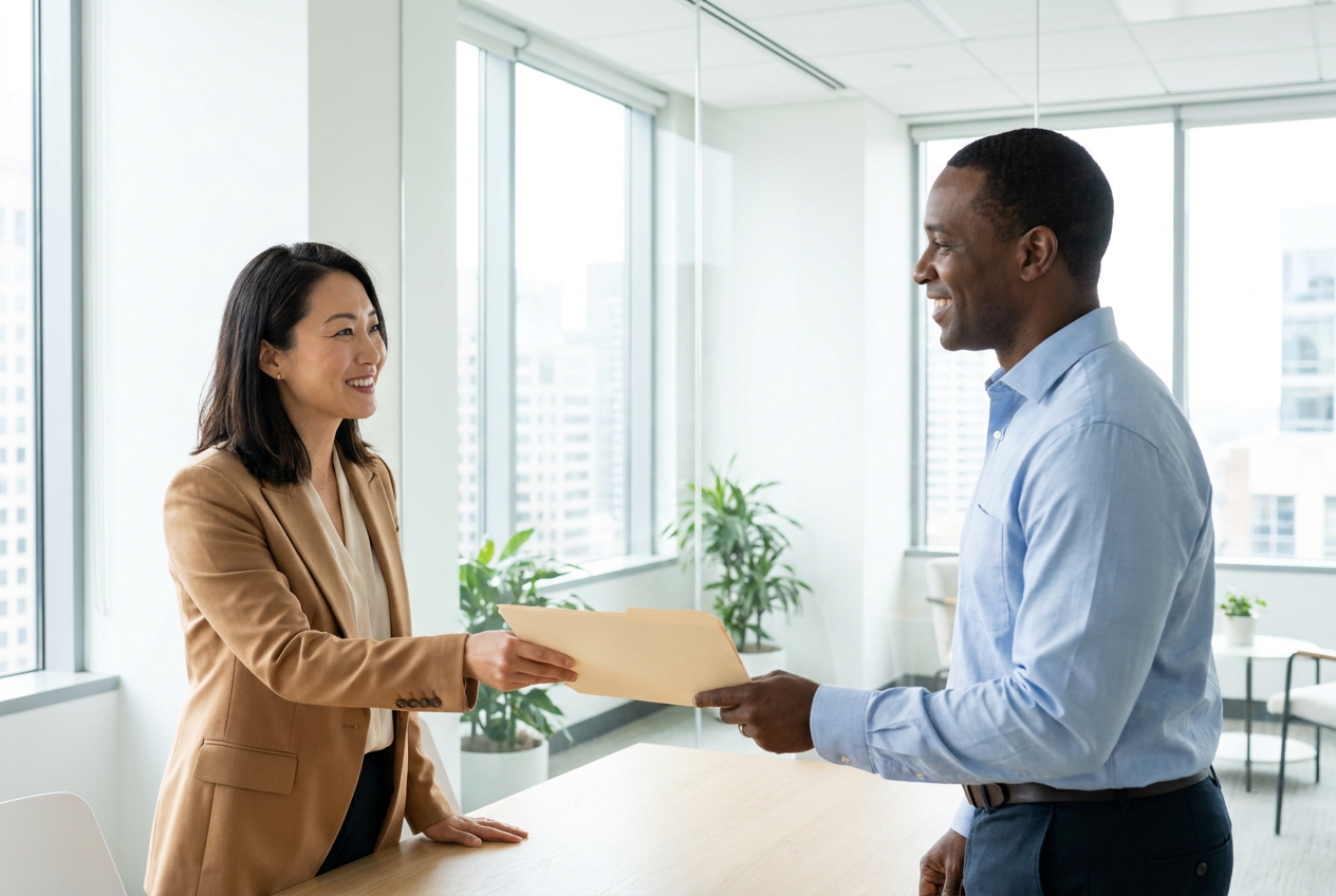 An executive assistant handing a folder to a colleague in a glass meeting room
