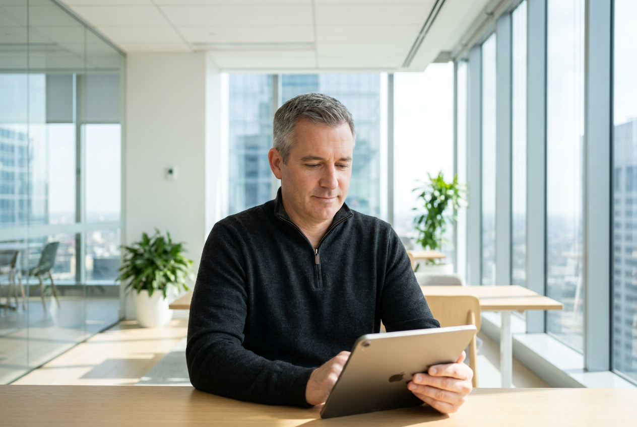 An executive assistant reviewing a tablet beside high-rise office windows