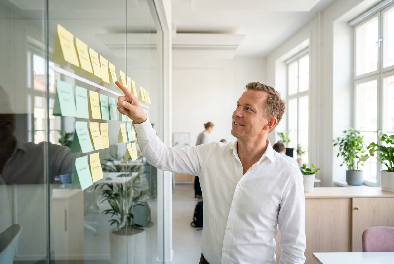 Project manager planning a project timeline on a glass wall