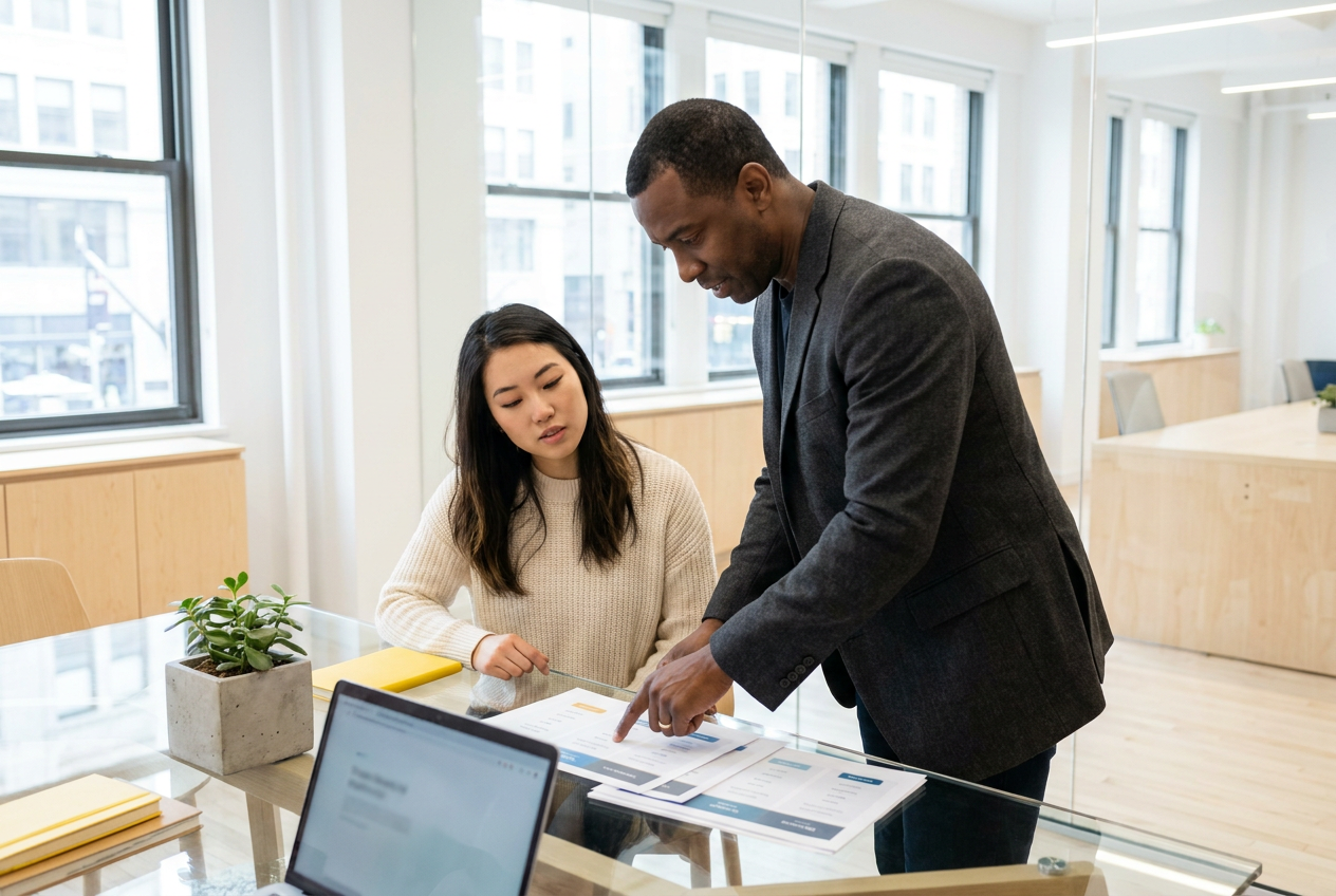 Comparing virtual assistant pricing models side by side on a meeting table