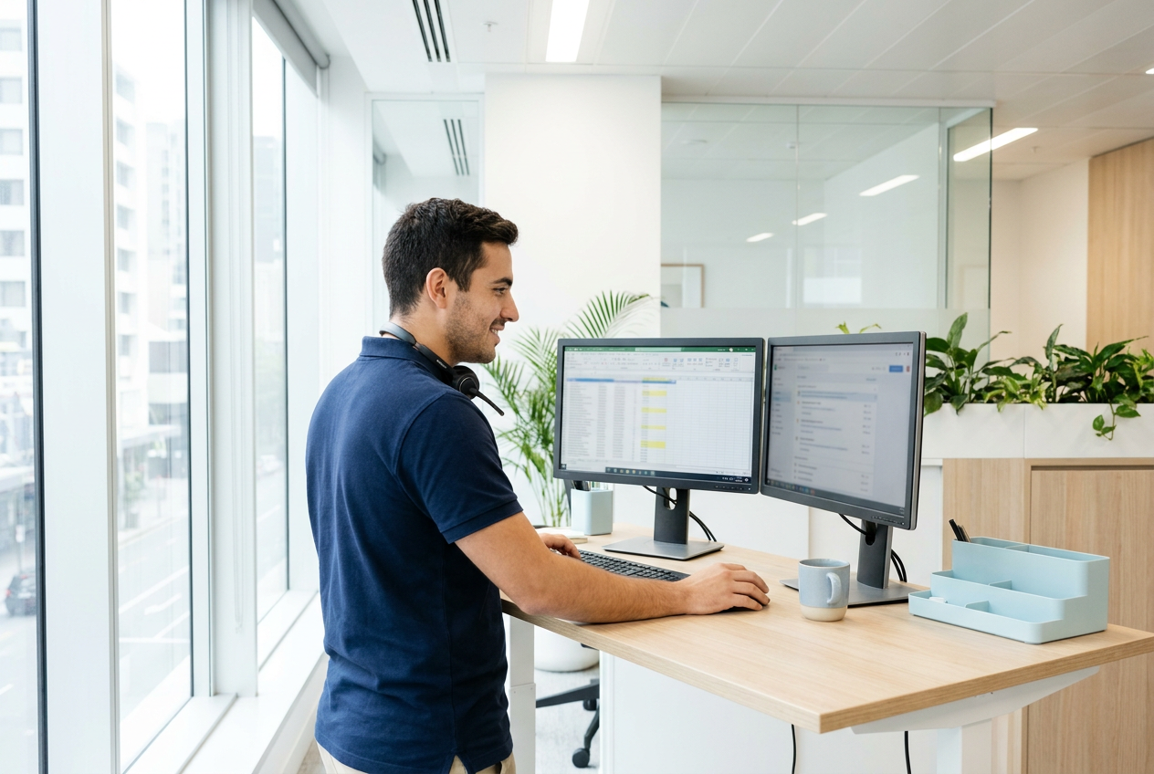 Virtual assistant working through a task list at a standing desk