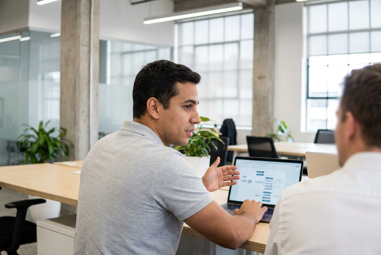 Personal assistant showing a colleague how to use a new tool