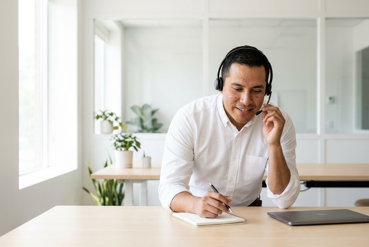 Legal assistant taking notes on a headset during a client intake call