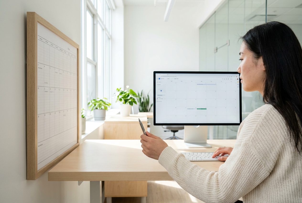 Legal assistant comparing a case calendar on screen against a paper wall planner