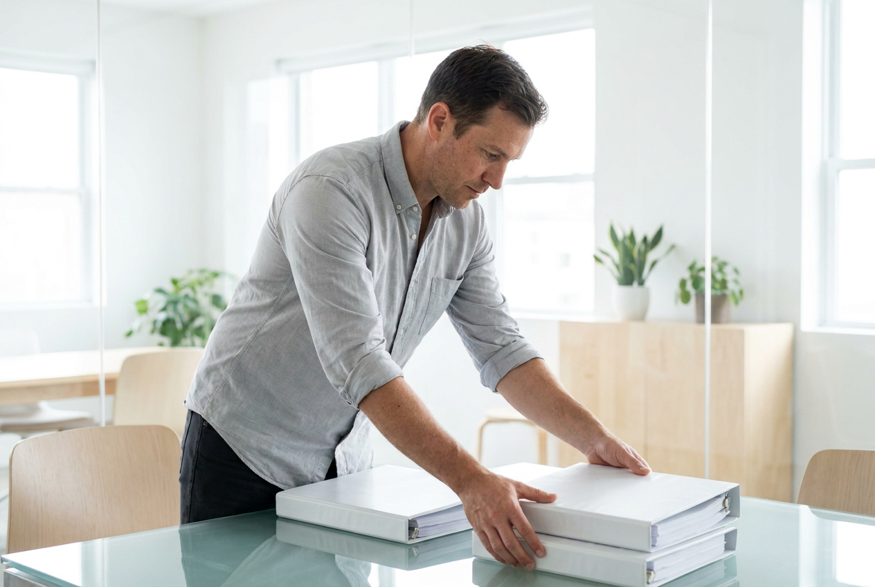 Legal virtual assistant assembling exhibit binders on a meeting room table