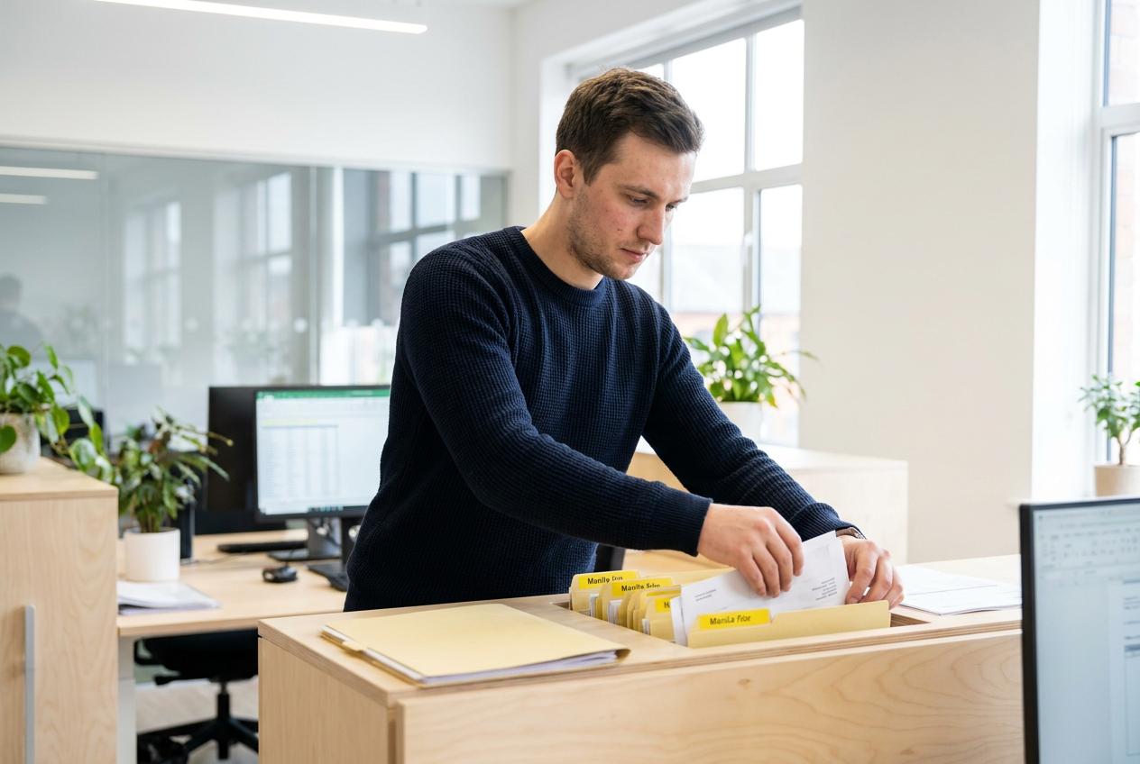 Bookkeeper sorting and filing invoices