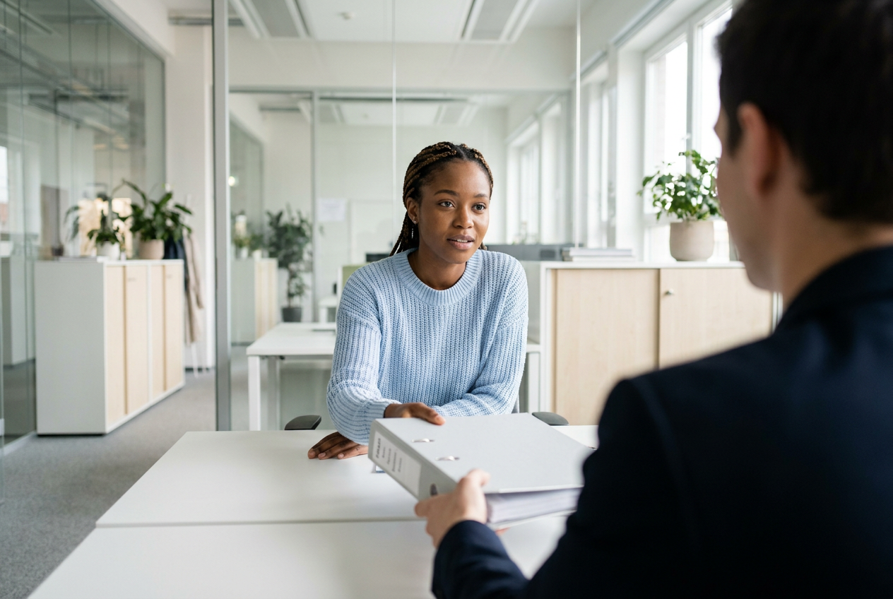 Administrative assistant handing an organized binder to a manager