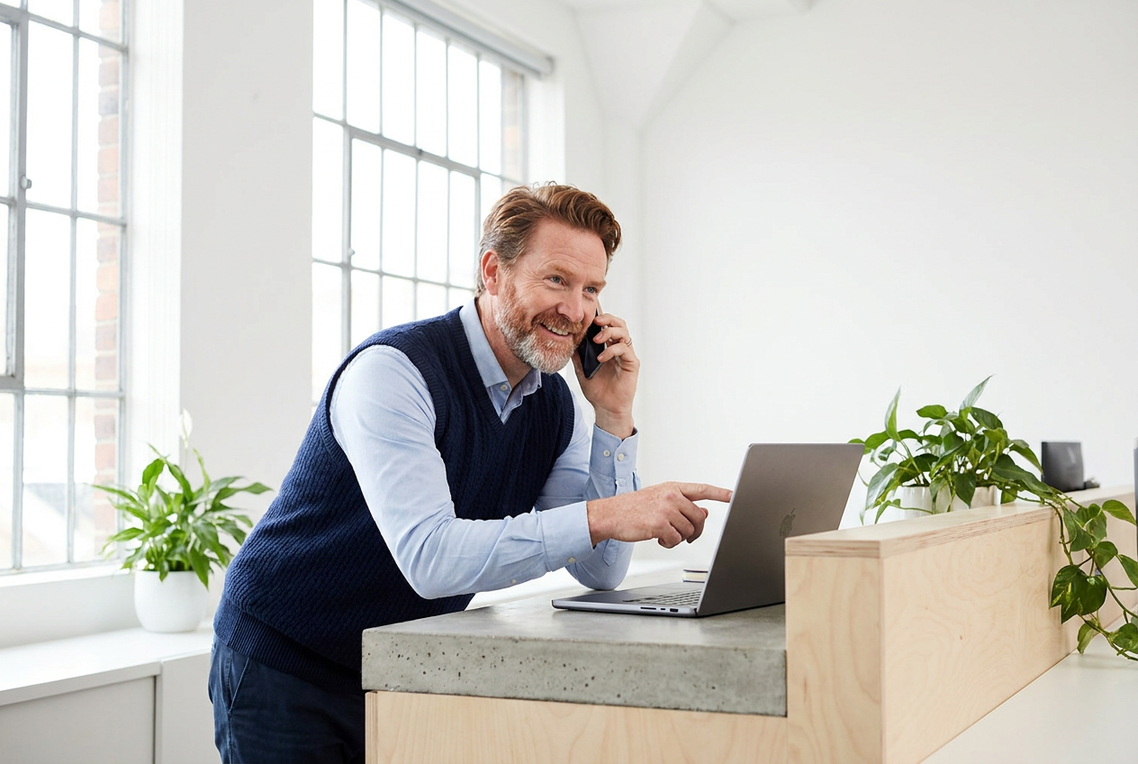 Administrative assistant managing a calendar and a phone call at his desk