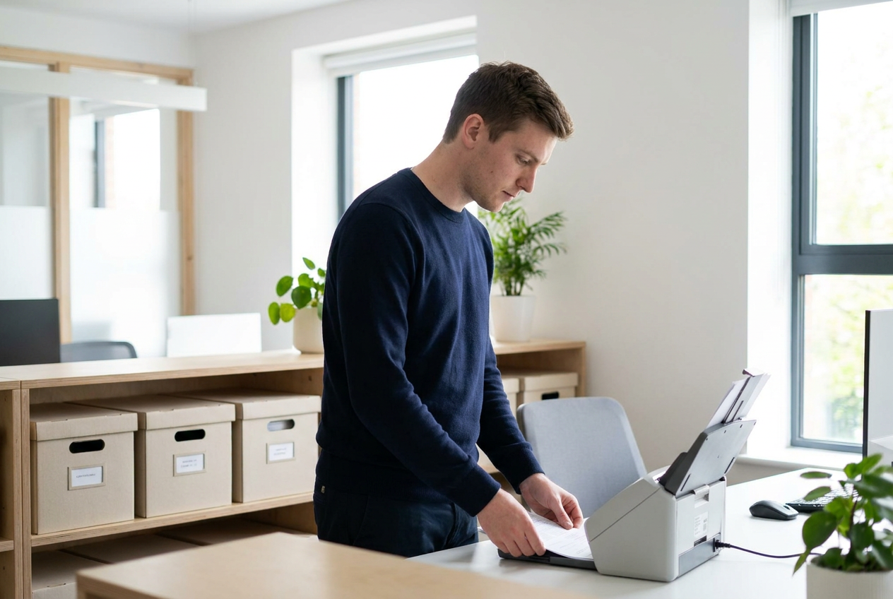 Bookkeeping virtual assistant scanning receipts beside labeled storage boxes