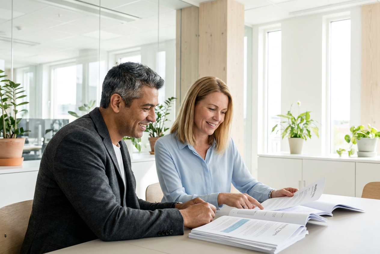 Bookkeeping assistant reviewing printed monthly reports in a glass meeting room