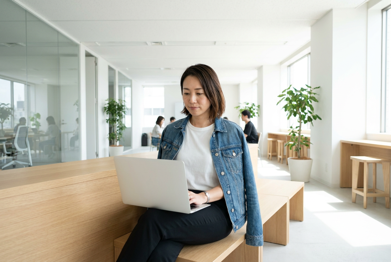 Remote bookkeeping assistant working from a laptop at an office breakout bench