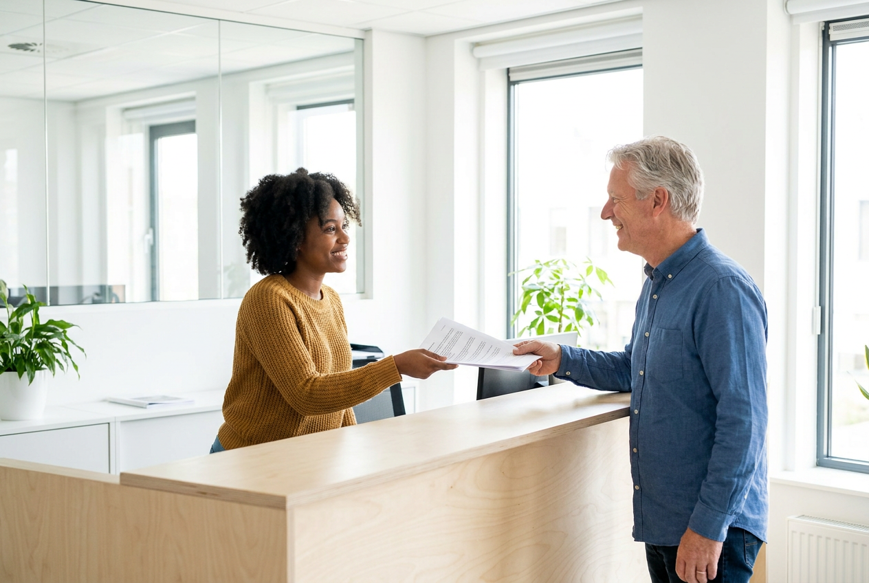 Executive assistant handing a printed brief across an office reception counter