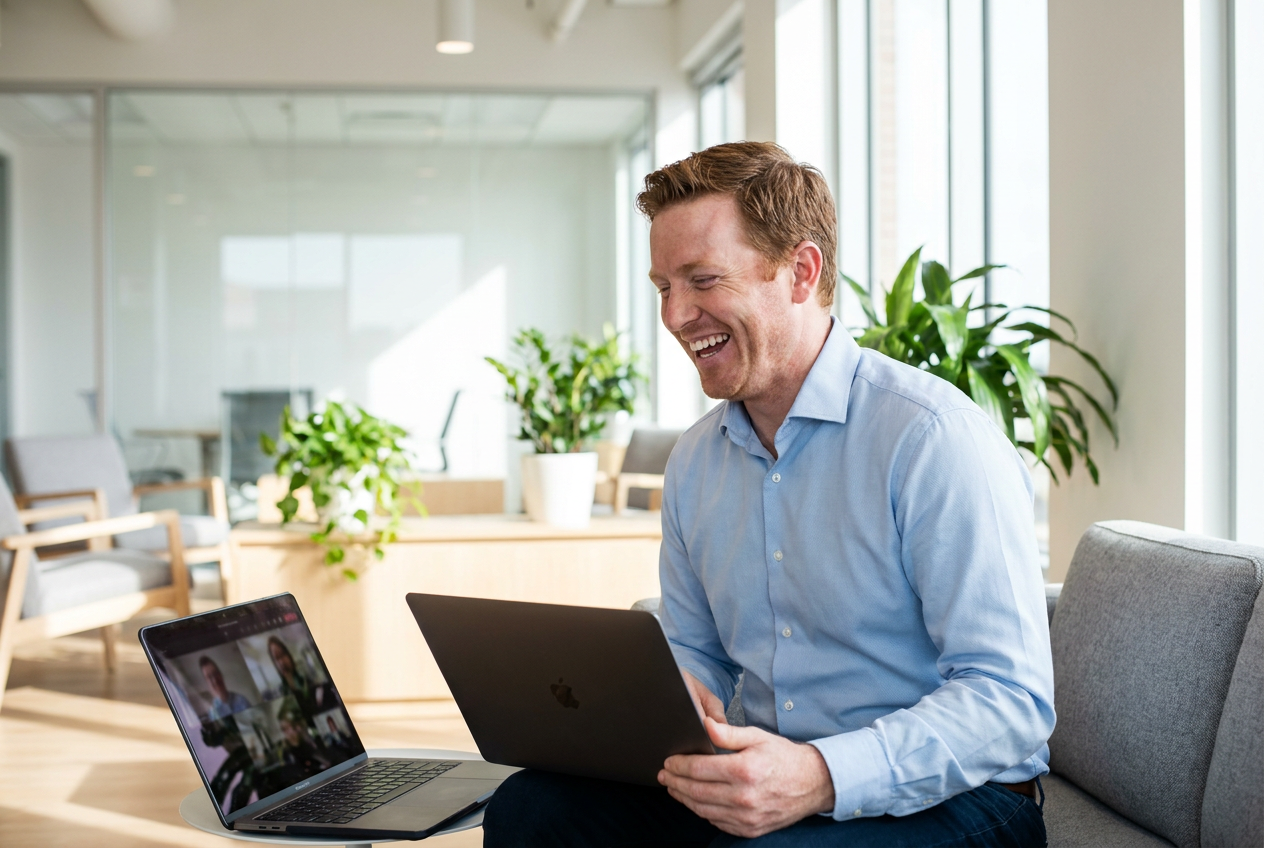 Virtual executive assistant taking a video call from a bright office lounge
