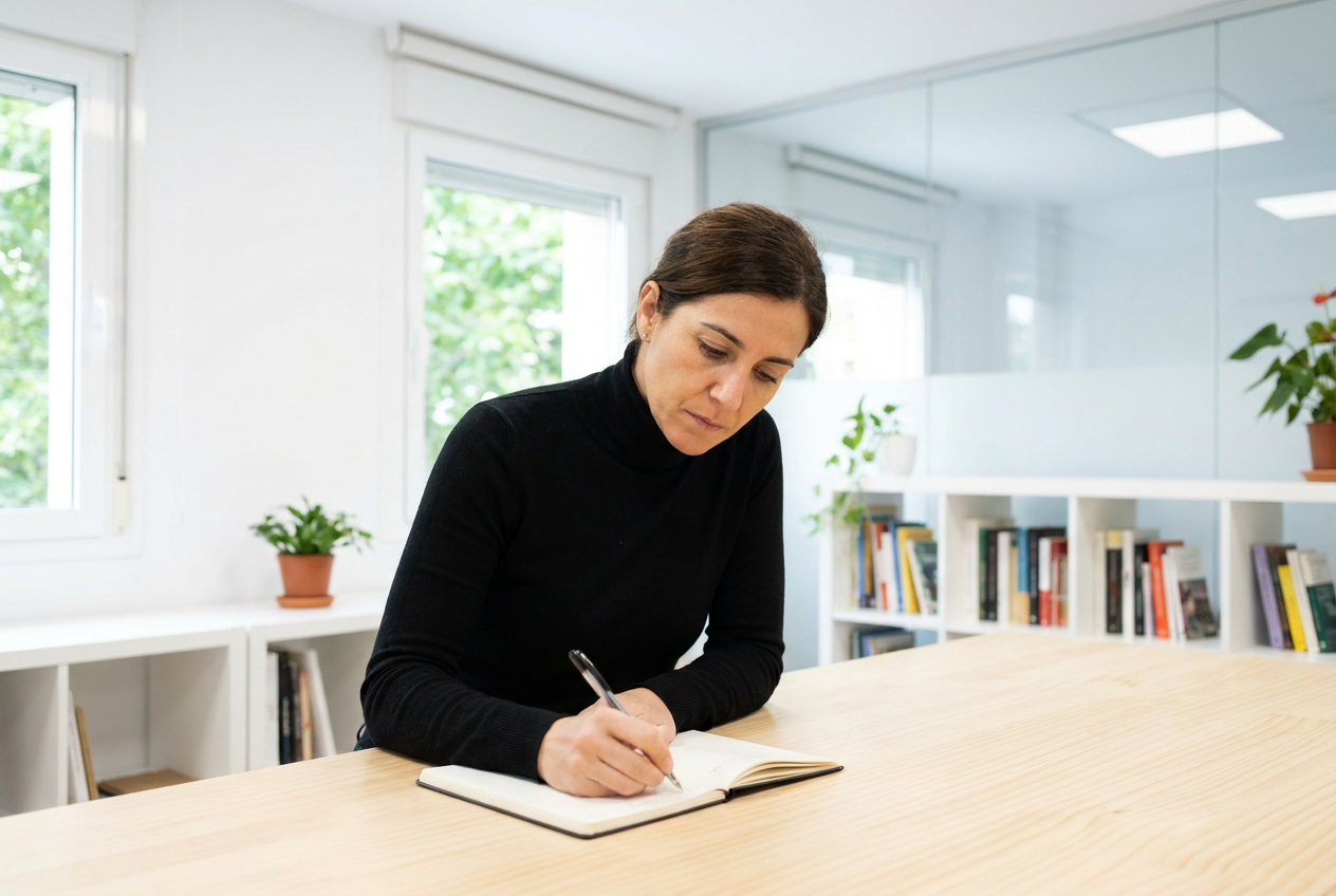 Executive assistant taking notes at a desk in a quiet private office
