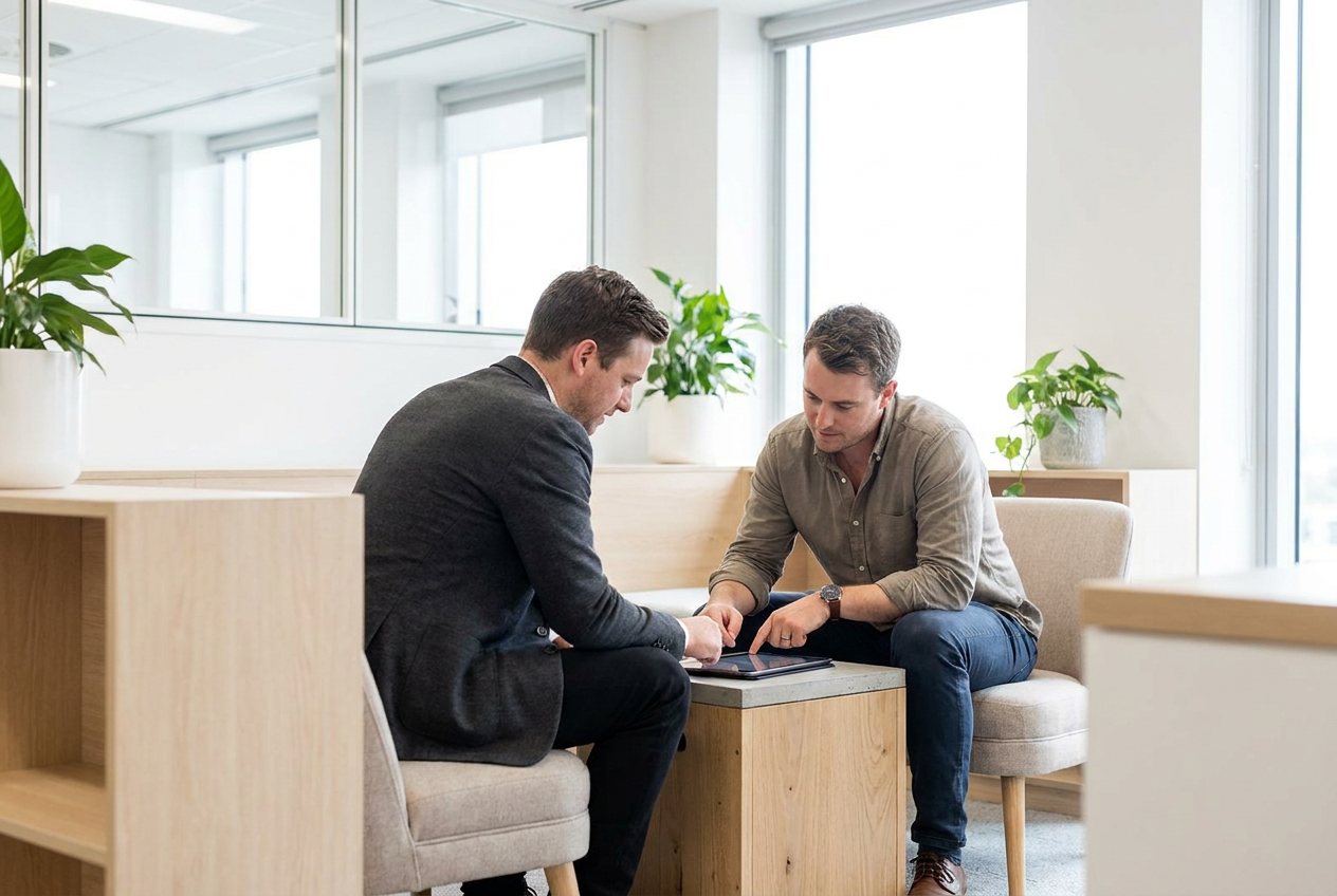 Small business owner discussing outsourcing needs with a provider