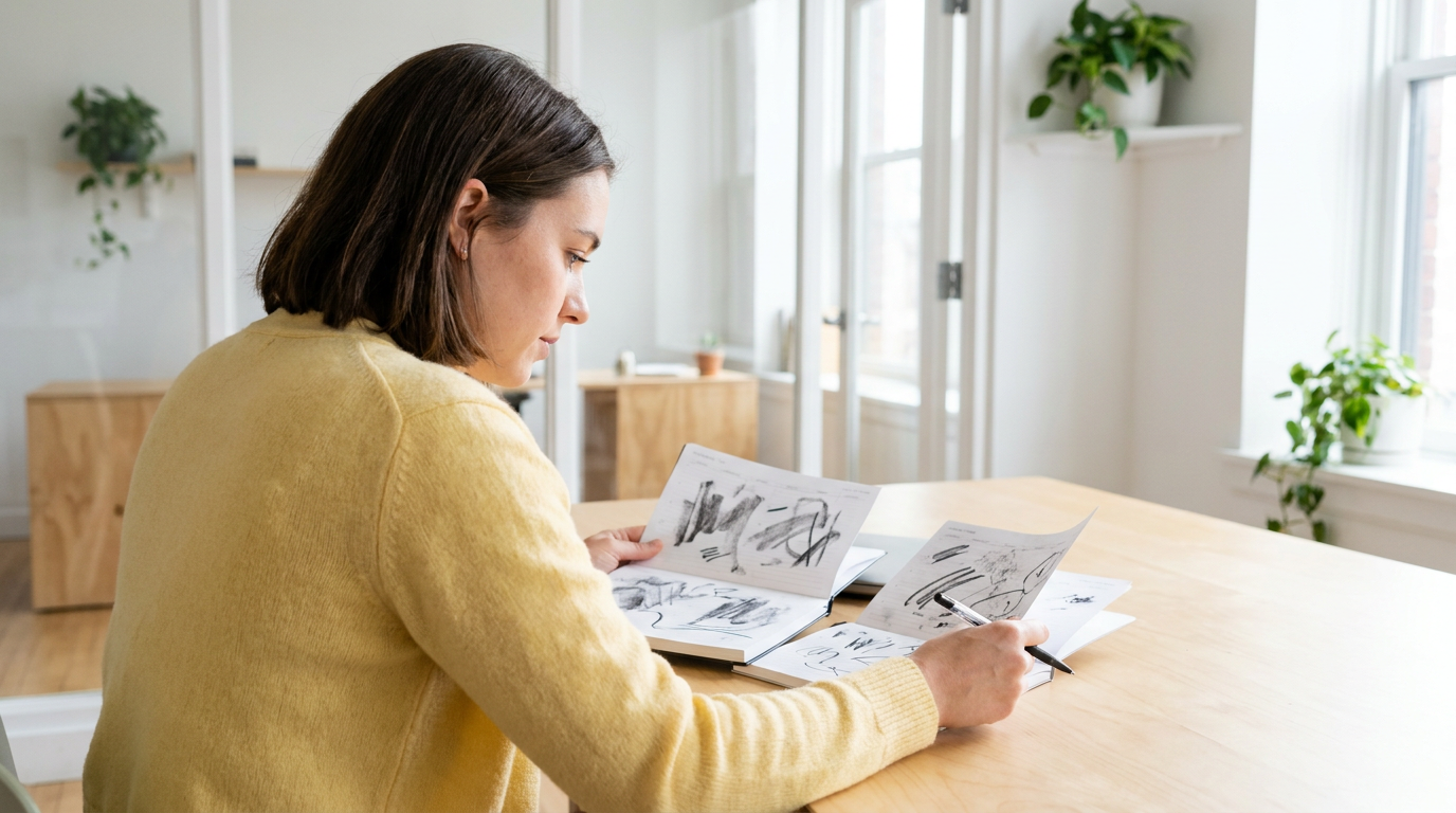 Assistant comparing dates between two open paper planners at a wooden desk in a private office