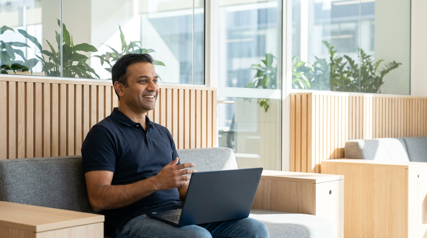 Executive assistant with a laptop talking with a colleague in a bright office lounge