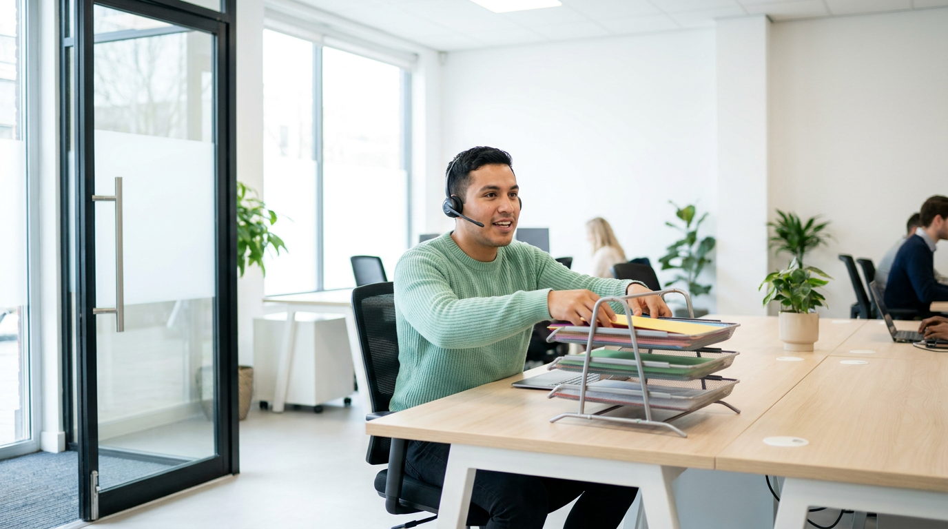 Administrative assistant sorting color-coded folders at a shared office desk while on a headset call