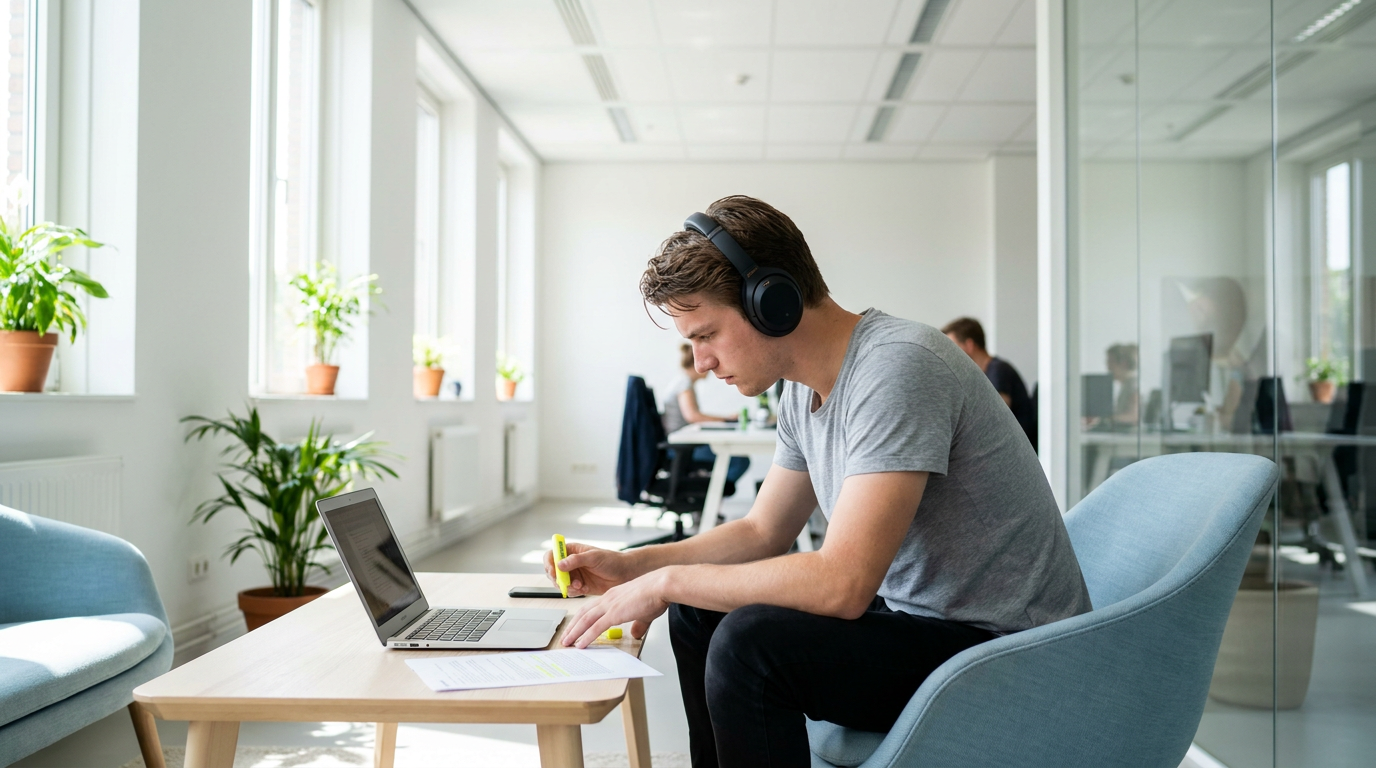 Real estate cold caller with a headset working through a printed call sheet beside a laptop