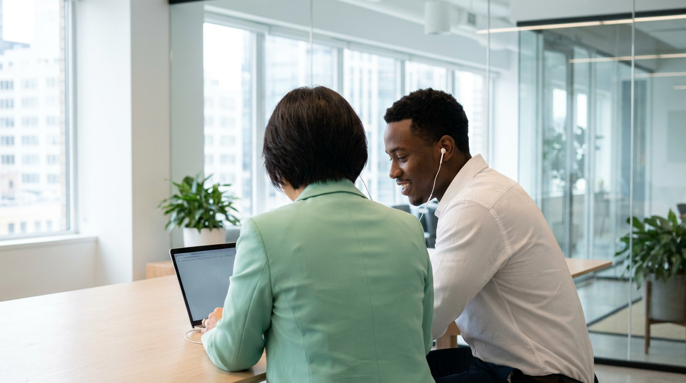 Agent and cold caller sharing earbuds to review a recorded call on a laptop in a glass meeting room
