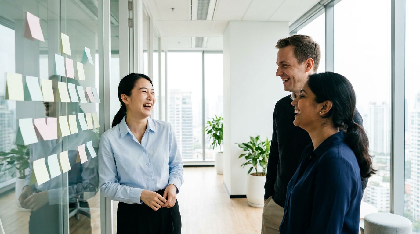 Executive assistant leading a quick standing huddle with two colleagues beside a glass wall of sticky notes