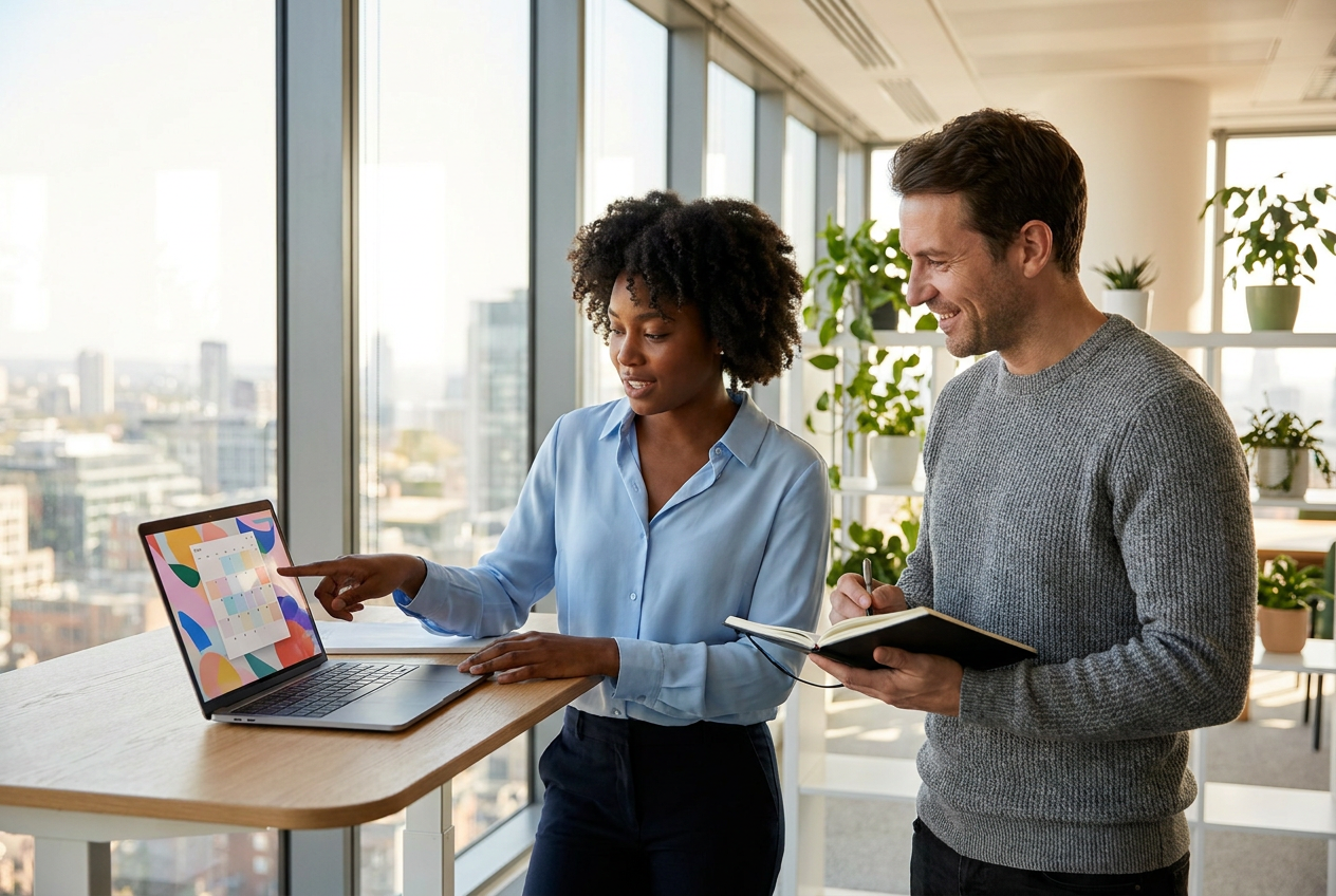 Two colleagues reviewing a shared calendar on a laptop at a standing desk during a handover