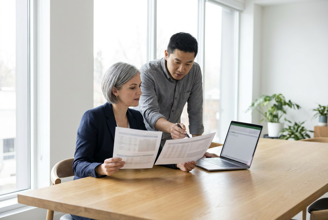 Business owner comparing two printed provider proposals at an office table while a colleague points to one page