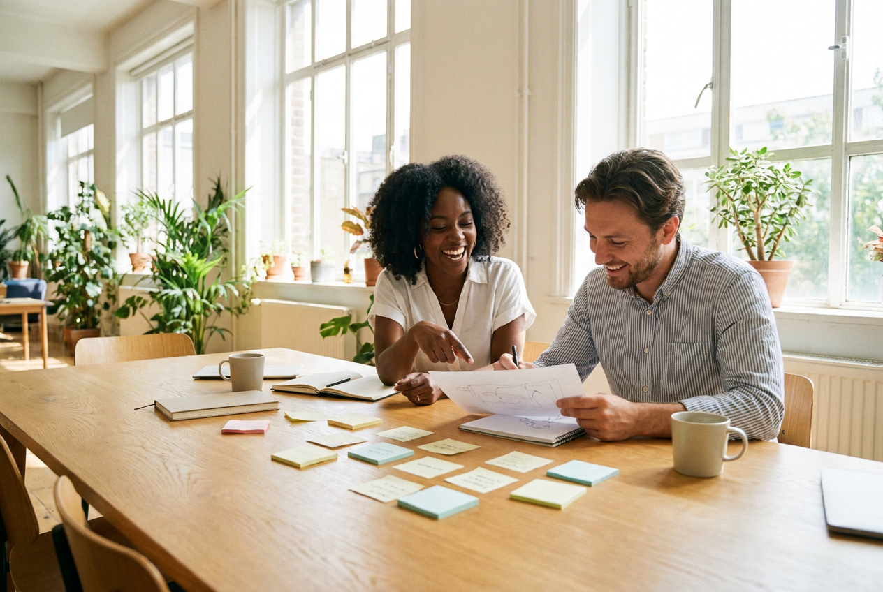 Two colleagues planning a project together at a shared table in a sunlit office