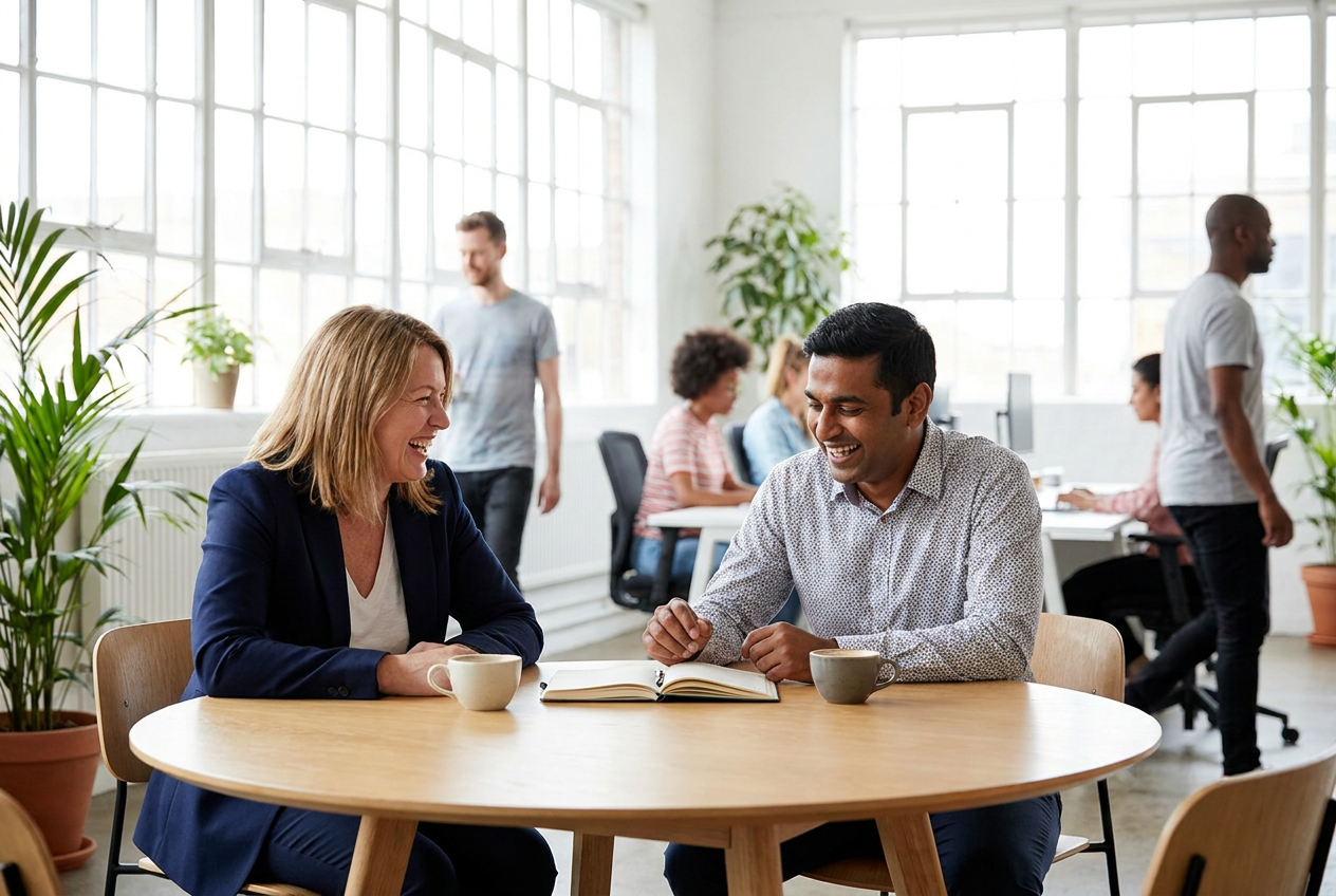 Manager and colleague laughing during a one-on-one meeting in a bright office
