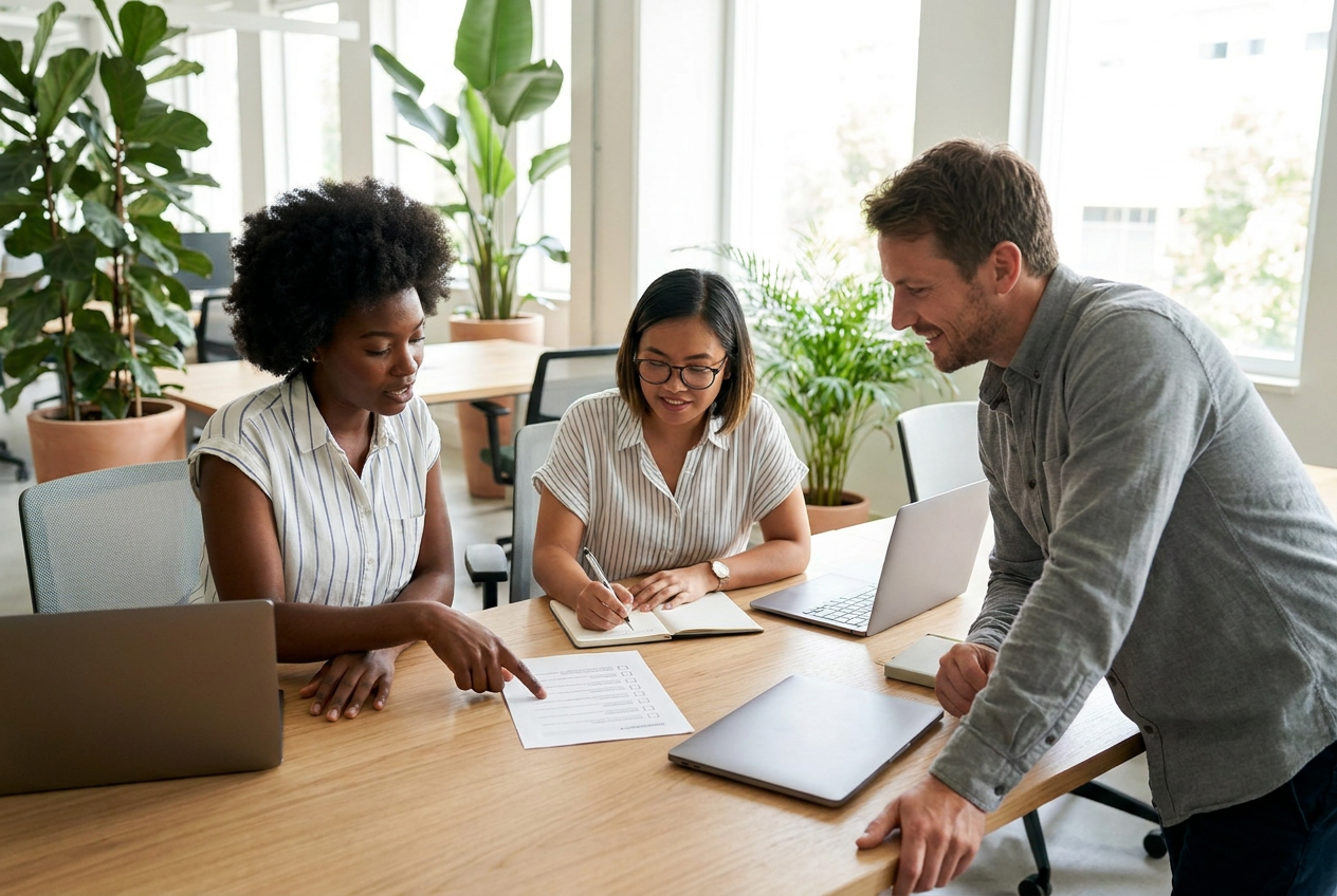 Mixed team of colleagues reviewing a printed checklist together at a sunlit desk