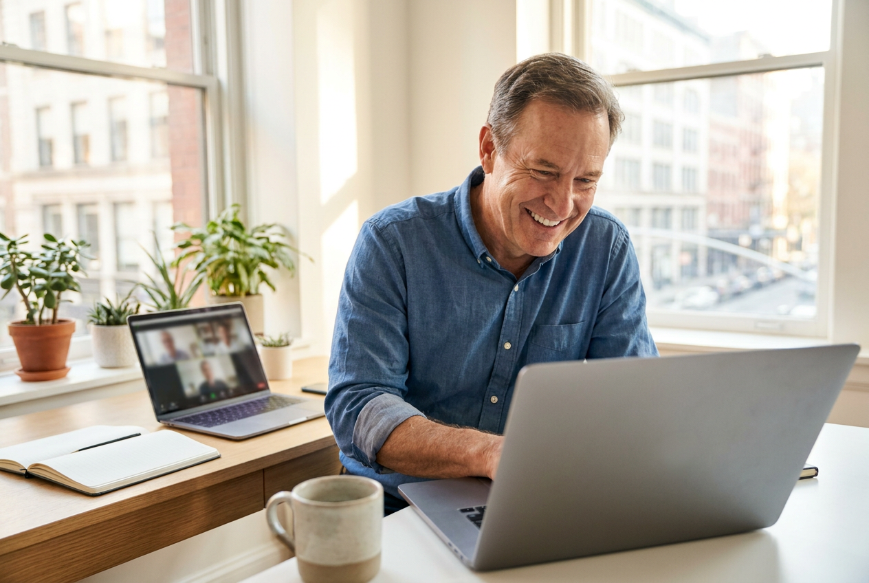 U.S. business owner on a video call with a remote assistant from a bright office
