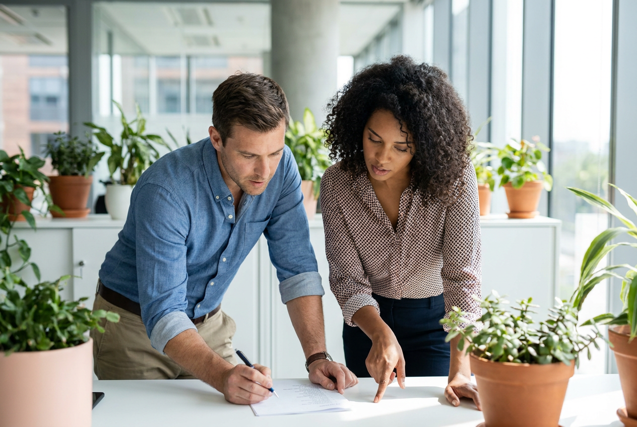Business owner reviewing a weekly task list with a colleague at a bright desk