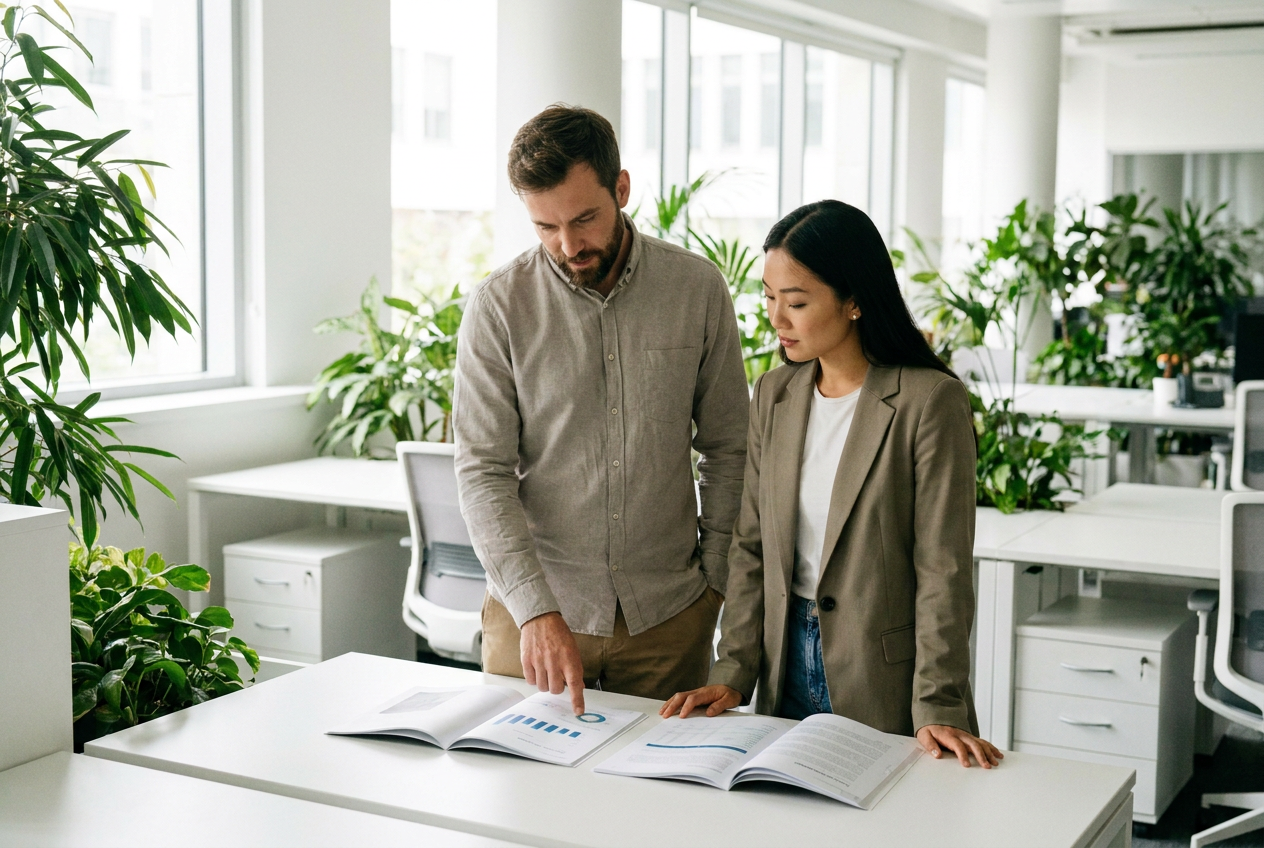 Two colleagues comparing printed proposals at a clean desk in a sunlit office