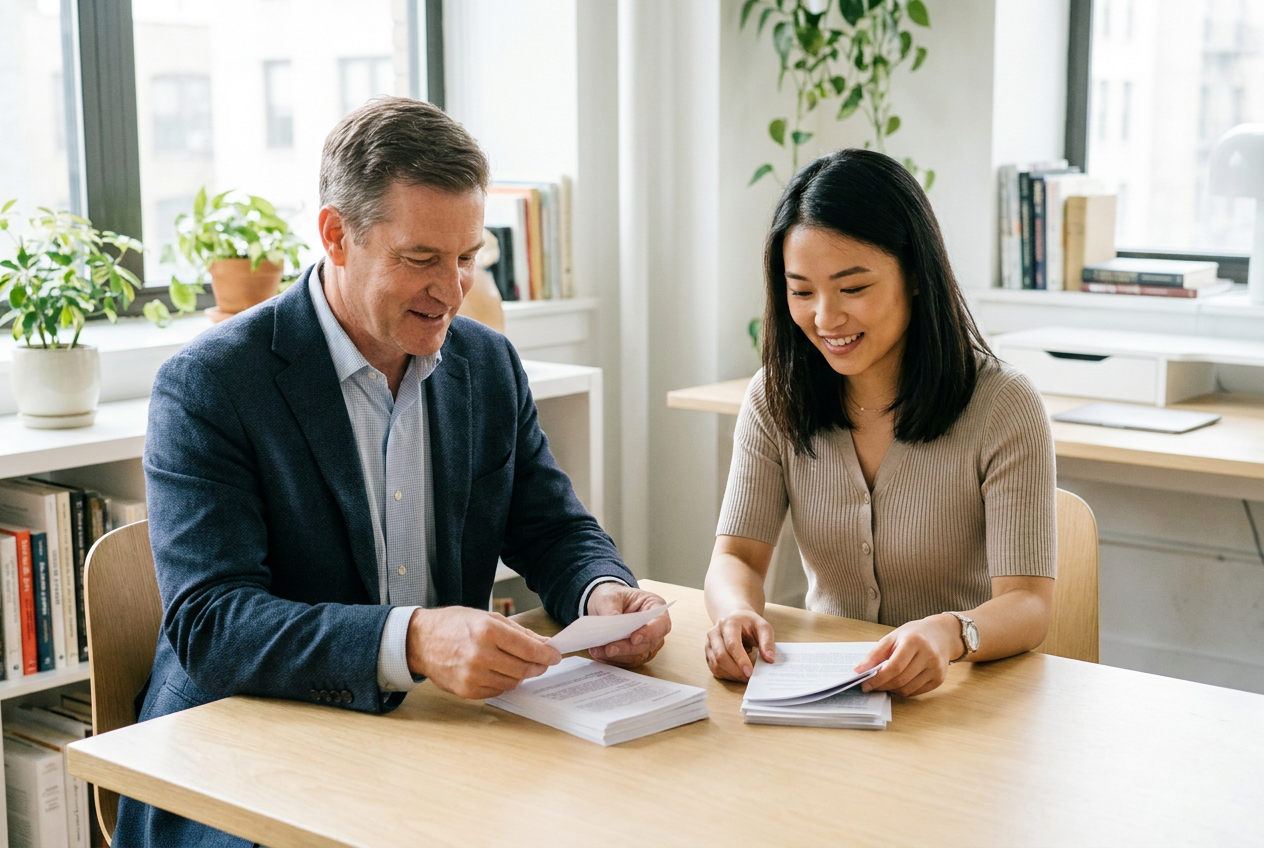 Business owner and colleague reviewing printed candidate notes at a bright office table