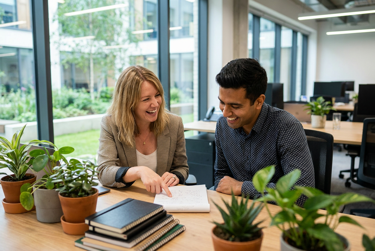 Two colleagues talking through notes at a sunlit desk with plants nearby